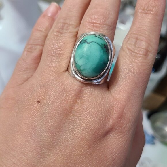 Vintage Boho Sterling Silver Chunky Western Turquoise Large Cabochon Ring 8 - Picture 11 of 11